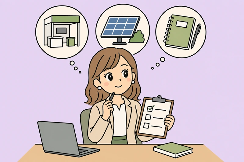 販路開拓・省エネ・人材支援を目的別に選ぶ方法の解説イラスト