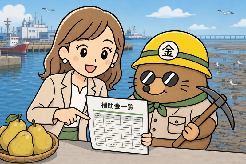 船橋市の補助金2026を調べる女社長とざくざ君