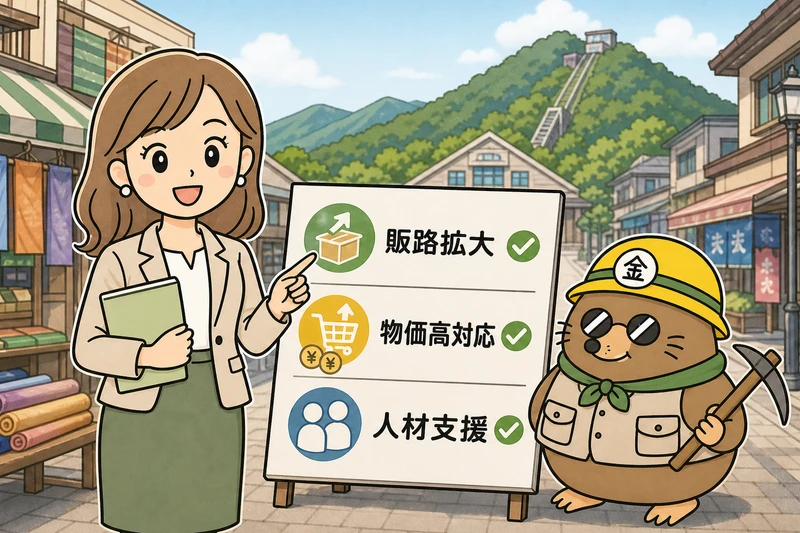 八王子市の補助金2026を調べる女社長とざくざ君
