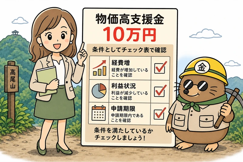 八王子市の物価高支援金の条件を見る女社長とざくざ君
