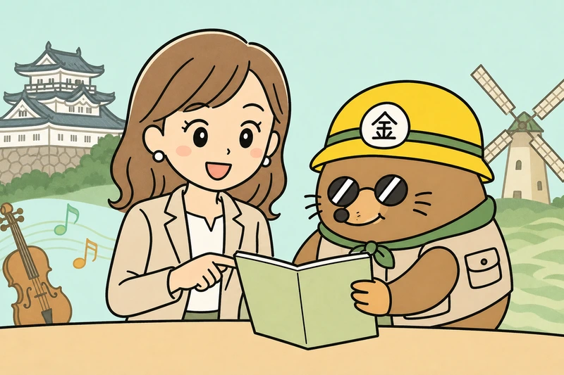 浜松市の支援制度を調べる女社長とざくざ君