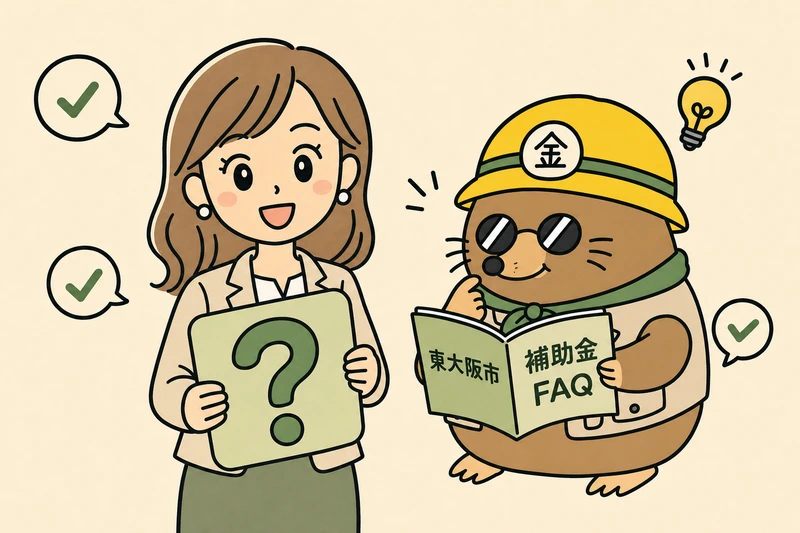 東大阪市の補助金のよくある質問に答える女社長とざくざ君