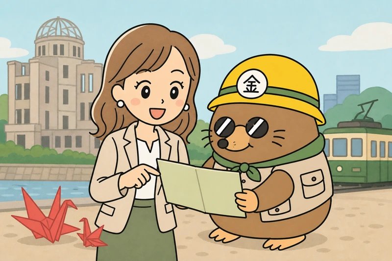 広島市の支援制度を調べる女社長とざくざ君