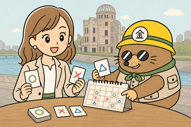 広島市の補助金の受付状況を見る女社長とざくざ君