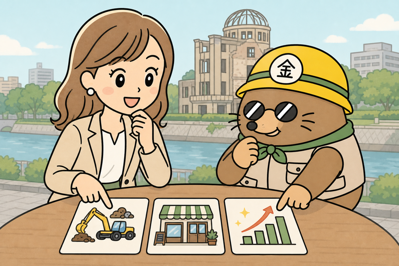 広島市の代表的な支援制度を比べる女社長とざくざ君