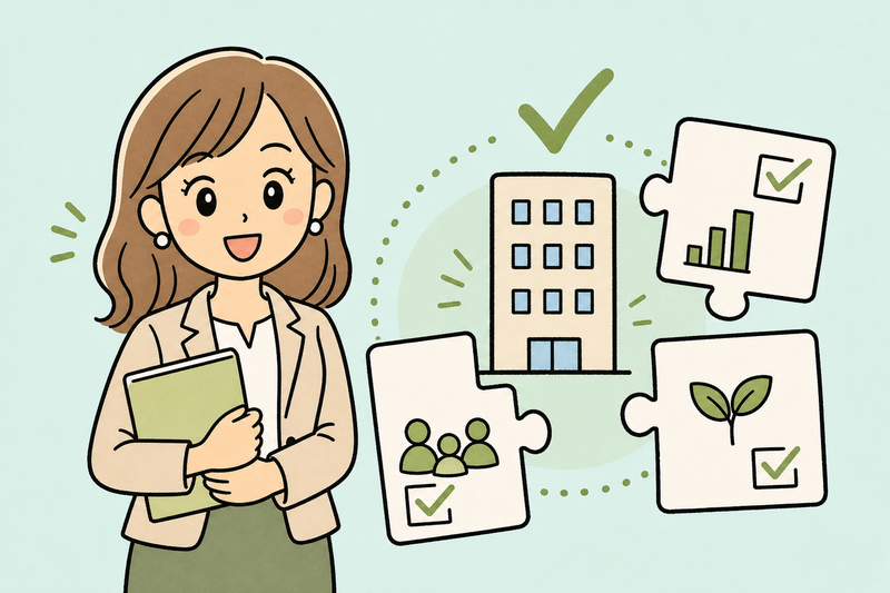 法人に合う支援制度を女社長が確認しているイラスト