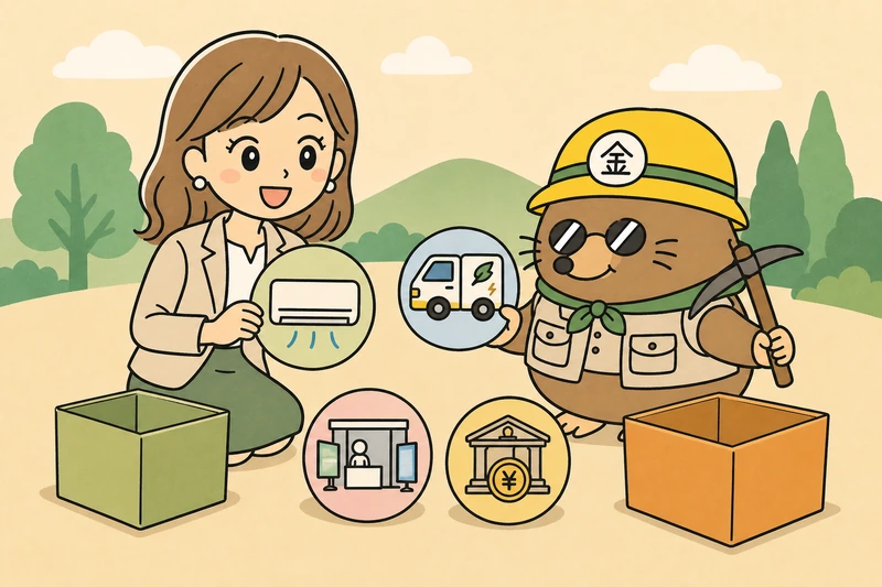設備・展示会・EV・融資を目的別に選ぶ方法の解説イラスト
