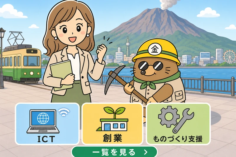 鹿児島市の補助金2026を調べる女社長とざくざ君