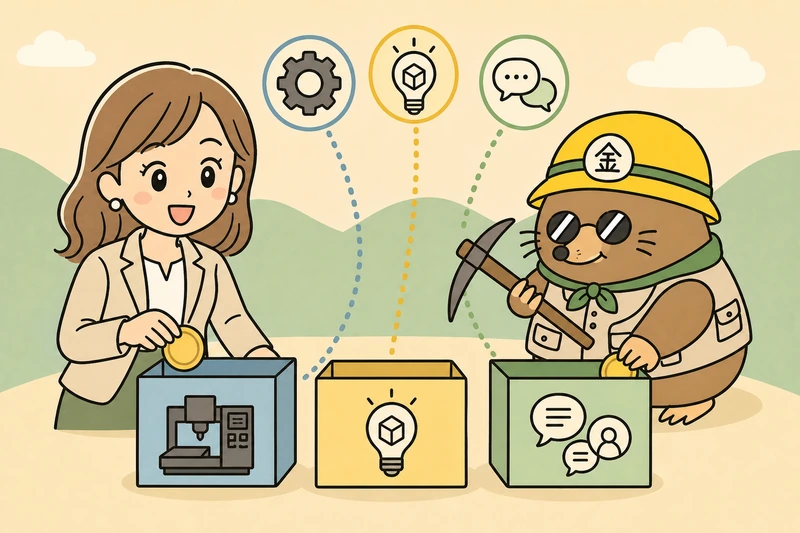 設備投資・新製品開発・外国人材を選び分けるの解説イラスト