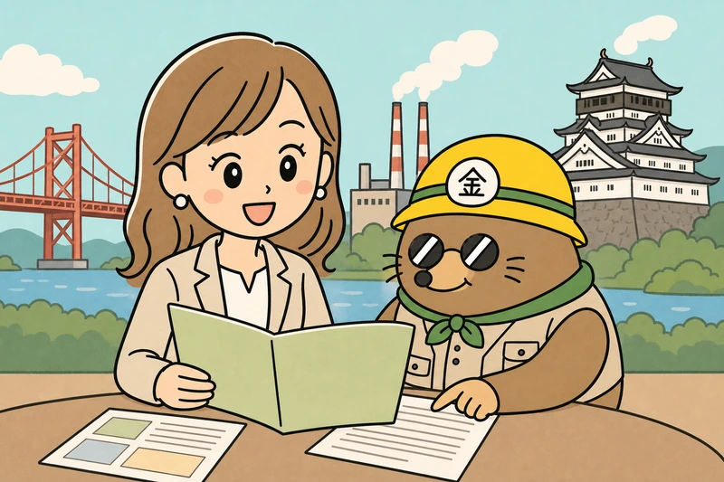 北九州市の支援制度を調べる女社長とざくざ君