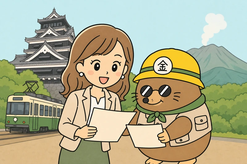 熊本市の支援制度を調べる女社長とざくざ君