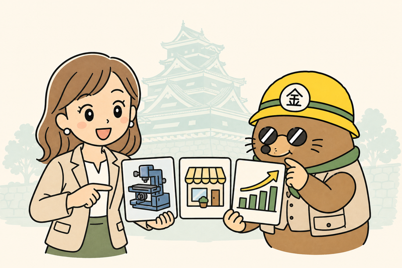 熊本市の代表的な支援制度を比べる女社長とざくざ君
