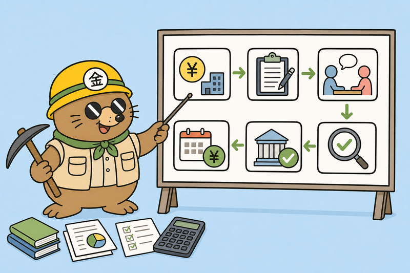 開業資金 融資の全体像をざくざ君が解説しているイラスト