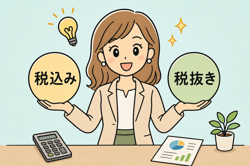 補助金 消費税の税込と税抜の違いを理解した若い女性社長のイラスト