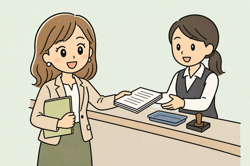 女社長が窓口で申請書類を提出しているイラスト