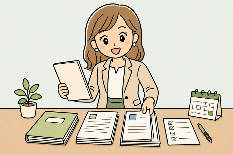 女社長が申請に必要な書類を整理しているイラスト