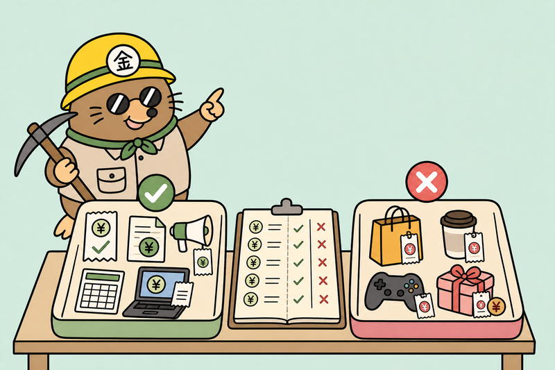 ざくざ君が経費に入るものと入らないものを仕分けているイラスト