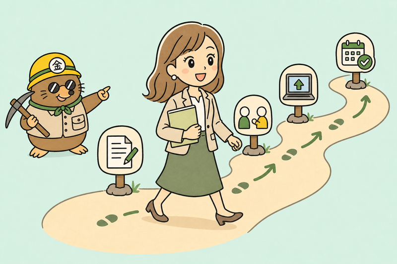 女社長がざくざ君の教えた道順で一歩ずつ進んでいるイラスト