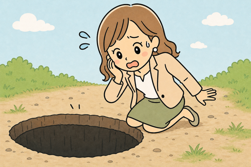 落とし穴に落ちかけてヒヤッとしながらのぞく女性社長のイラスト