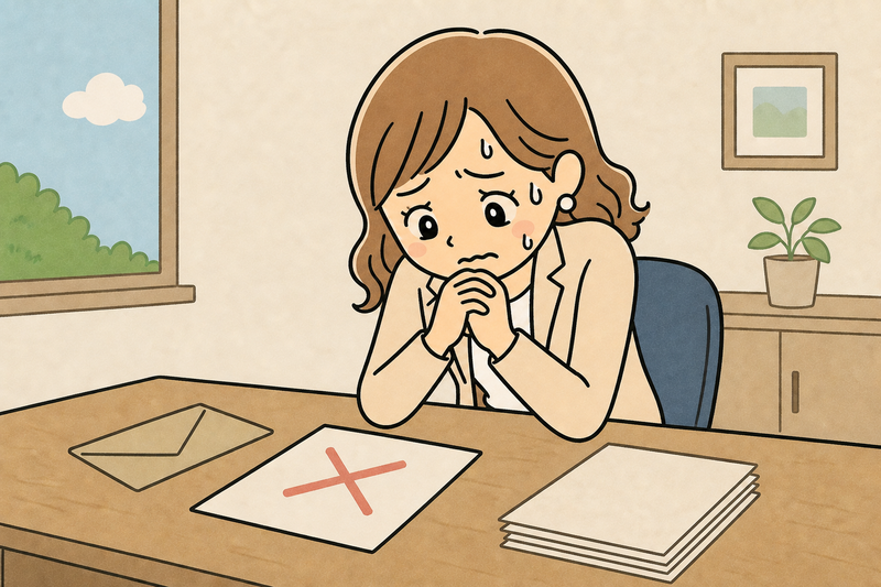 審査に落ちてまだ不安を感じている女性社長のイラスト