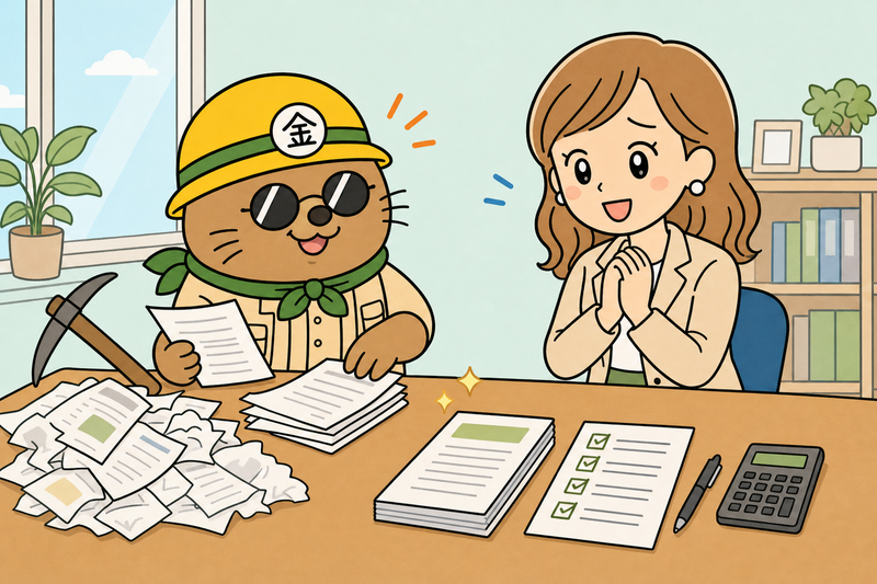制度融資の審査前に書類を整えるざくざ君と女性社長のイラスト