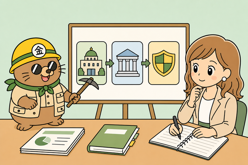 制度融資の仕組みを説明するざくざ君のイラスト
