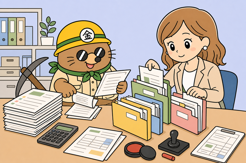 制度融資の必要書類を整理する女性社長とざくざ君のイラスト