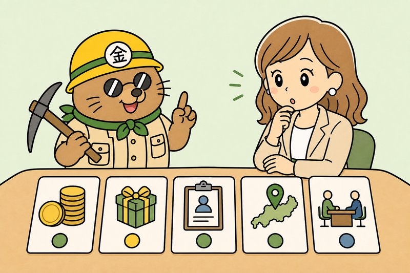 制度融資と補助金助成金を比較するざくざ君と女性社長のイラスト