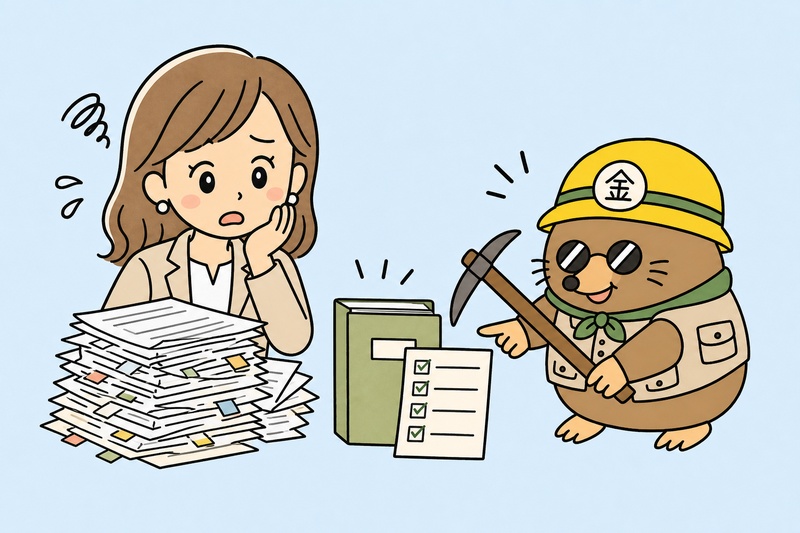 日本政策金融公庫 創業融資 必要書類を確認する女性経営者とざくざ君