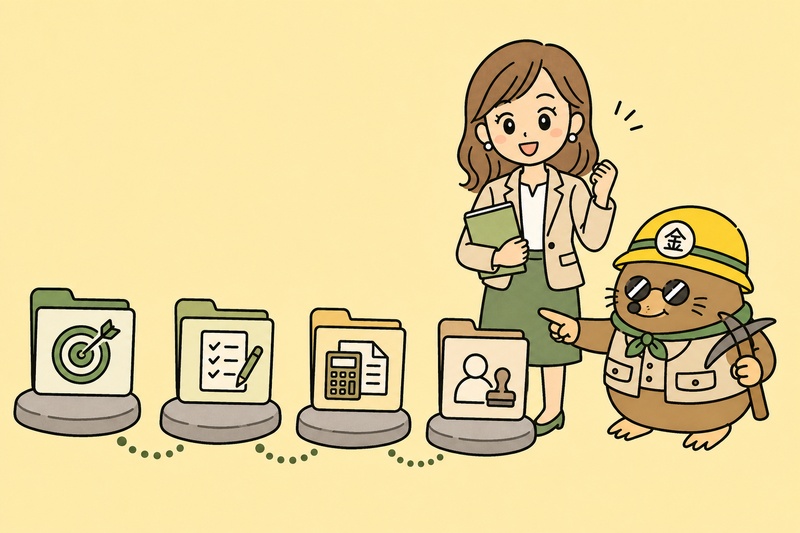 日本政策金融公庫の創業融資に向けて書類を順番に準備するイラスト
