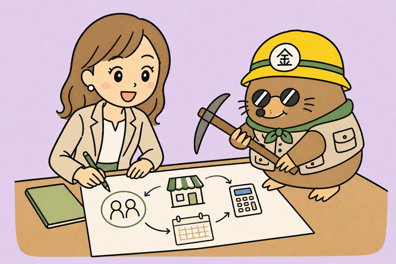 日本政策金融公庫の創業融資で創業計画書を確認する女性経営者とざくざ君