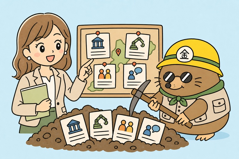 創業融資とあわせて地域の補助金や助成金など支援制度を確認するイラスト