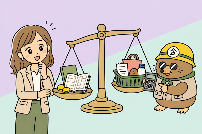 給付金と消費税の違いを天秤で整理する女社長とざくざ君