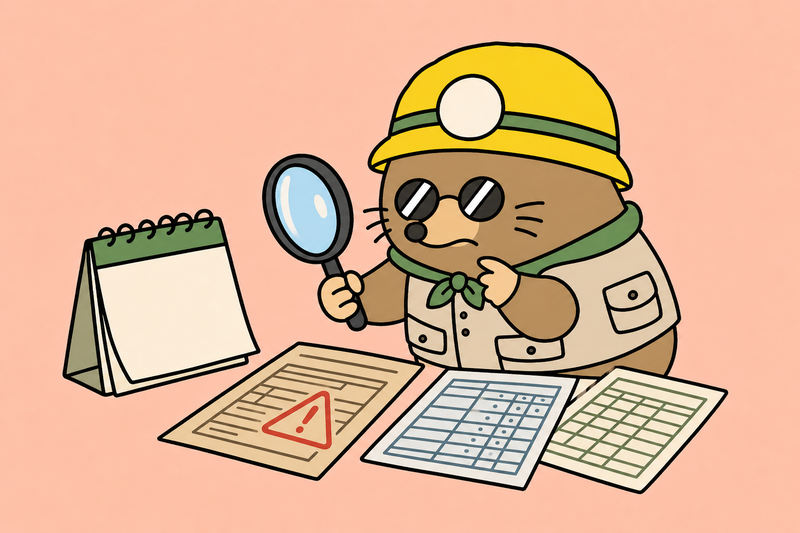 古い様式や書類の不一致を見つけるざくざ君