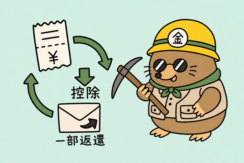 助成金の消費税仕入控除税額と一部返還を説明するざくざ君