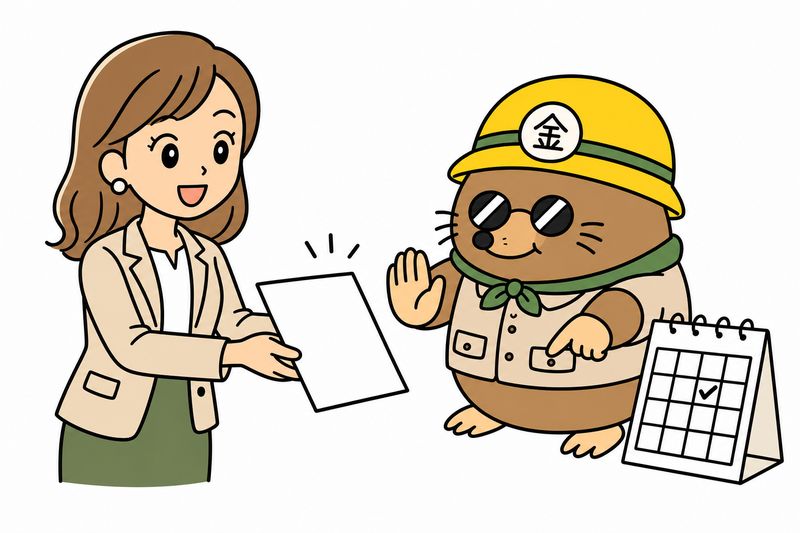 設備の発注前に日程を確認する女性社長とざくざ君