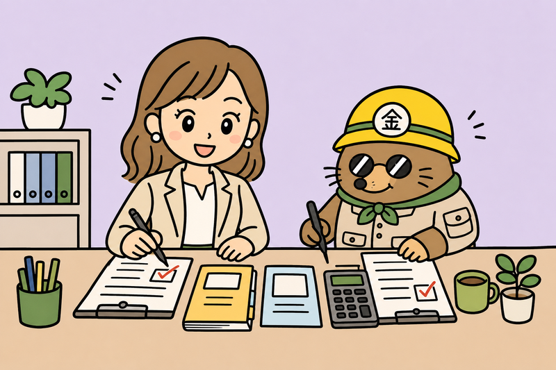 補助金の通知書と対象経費を確認し終えた女社長とざくざ君
