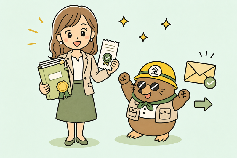 公式書類と提出控えをそろえて次の一歩へ進む女社長とざくざ君