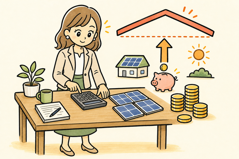 太陽光発電の出力と補助上限を計算する女社長