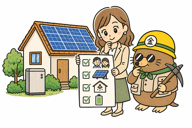 住宅と太陽光パネルと蓄電池の対象条件を見る女社長とざくざ君