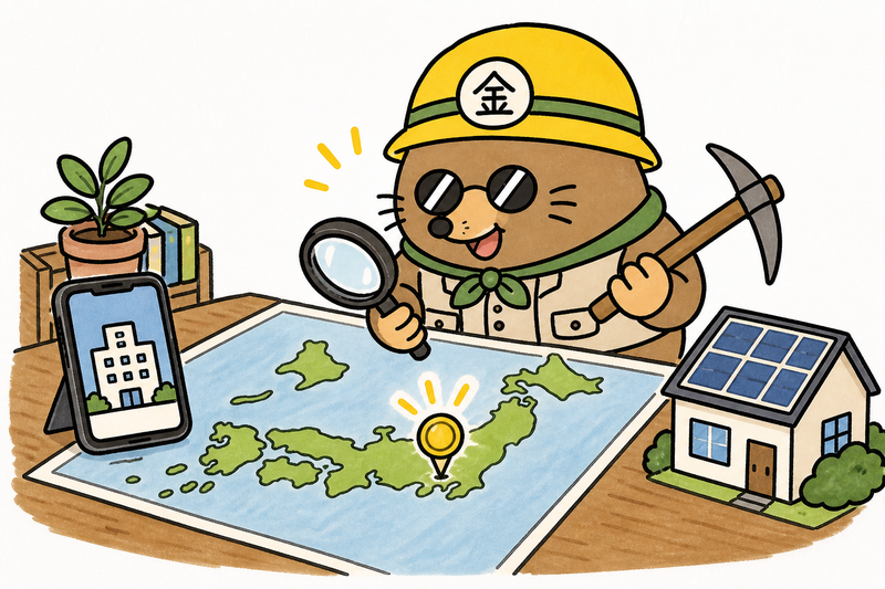 日本地図と公式サイトから太陽光発電の補助金を探すざくざ君