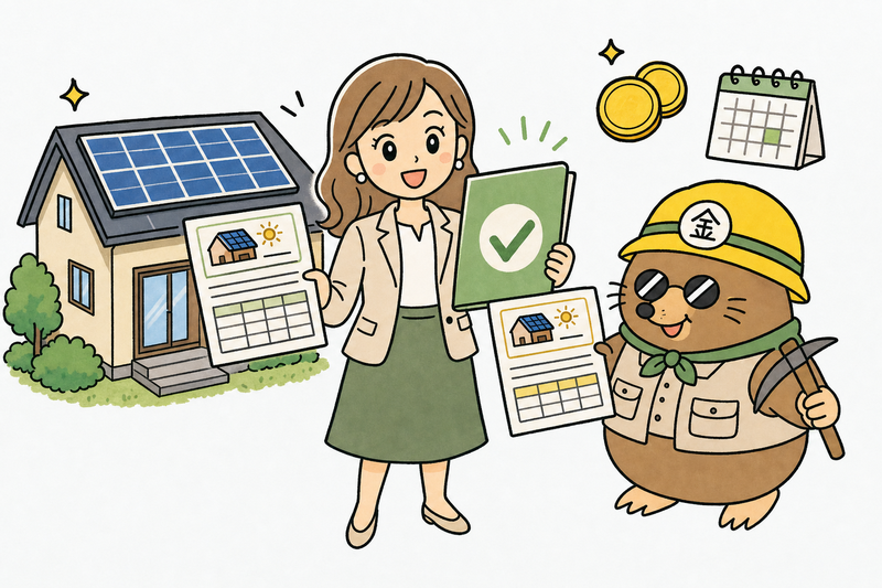 太陽光発電の補助金を調べて契約へ進む女社長とざくざ君