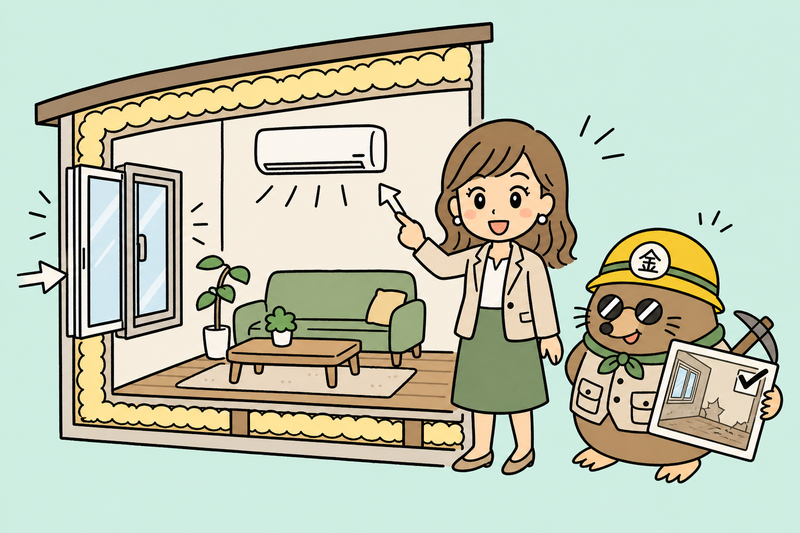 家庭用エアコンと住宅の断熱改修を見る女社長とざくざ君