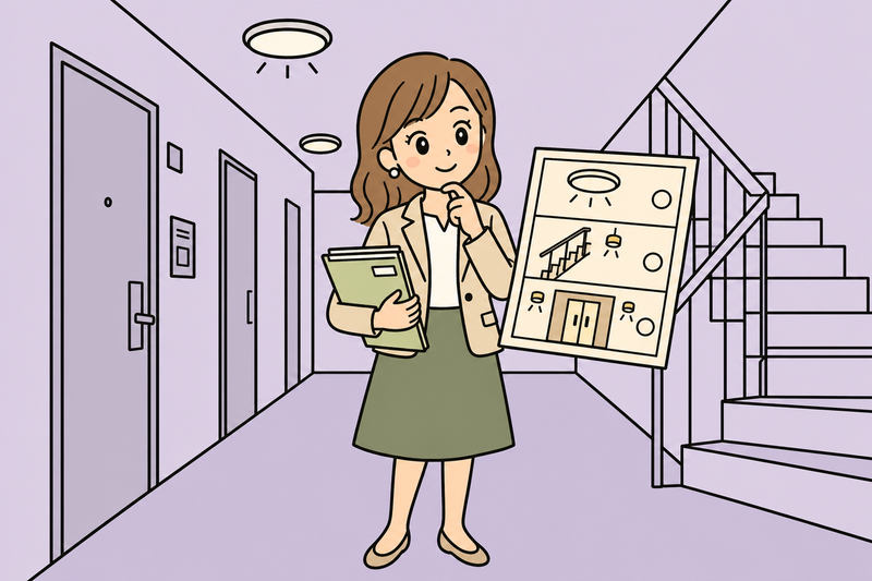 マンション共用部のLED化と照明一覧を見る女社長