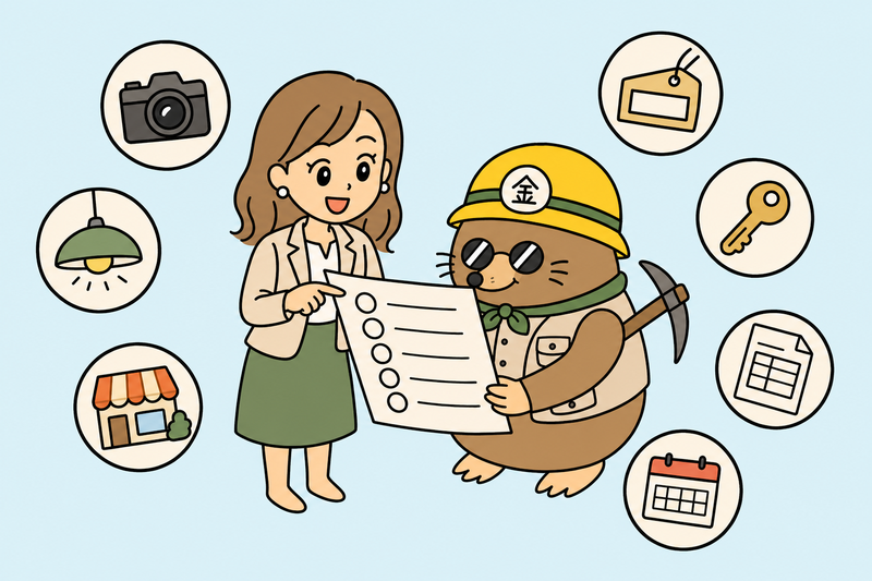 LED照明の購入前に6項目を点検する女社長とざくざ君