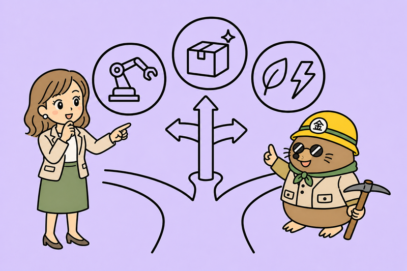 省力化と新事業と省エネの目的から補助金を選ぶ女社長とざくざ君