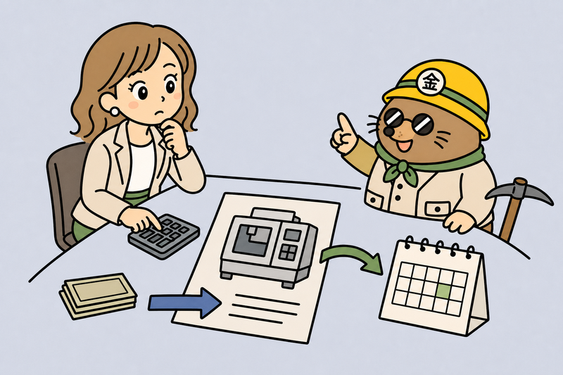 設備代の立替払いと入金時期を計算する女社長とざくざ君