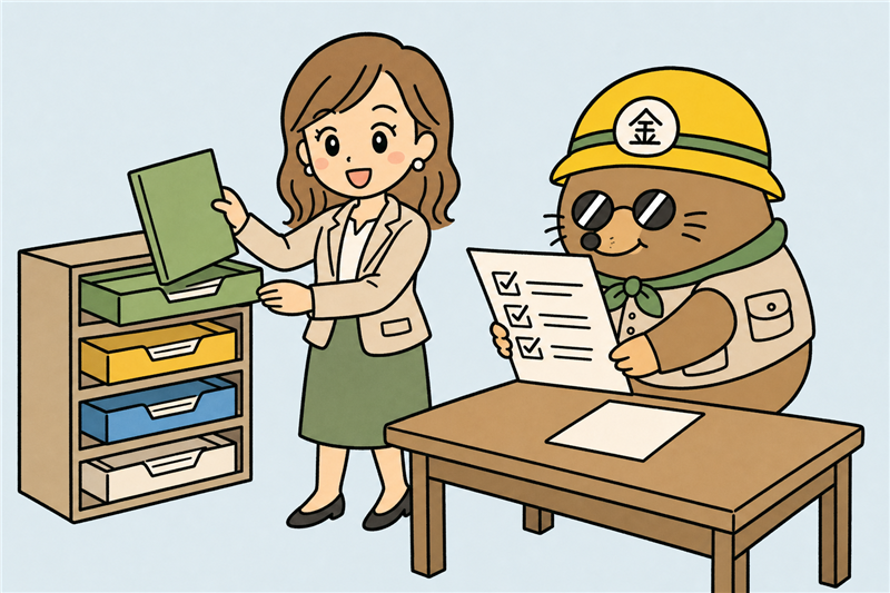 個人事業主が創業融資の必要書類をそろえる女社長とざくざ君