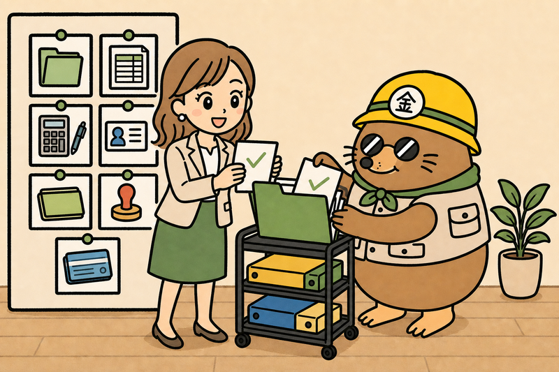 マル経融資の必要書類をそろえる女社長とざくざ君