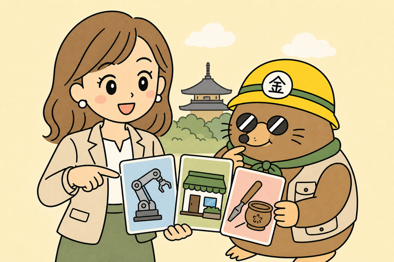 京都市の省力化創業伝統産業支援を整理する女社長とざくざ君